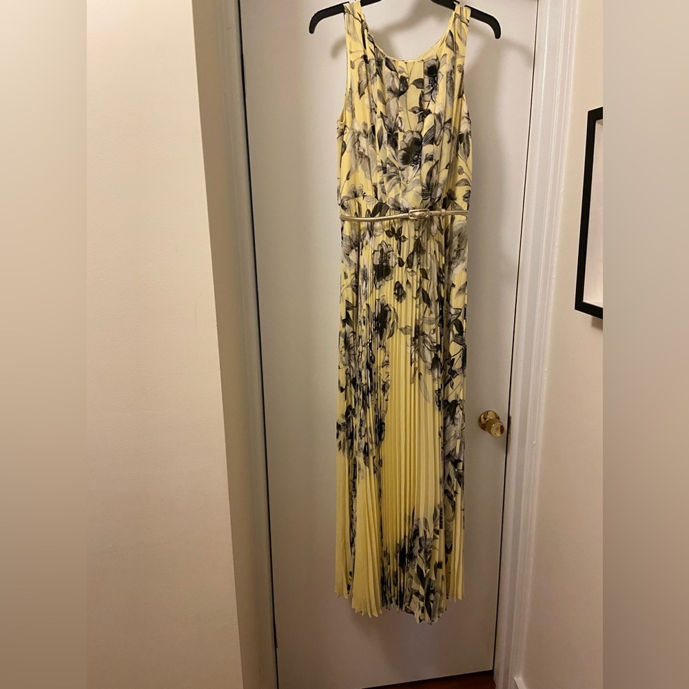 Eliza J full lenght pleated lined dress with thin gold belt. Size 12
